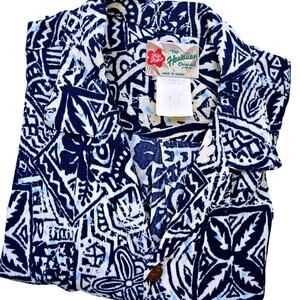 Vintage Hilo Hattie Hawaiian Original Button Down Shirt Men's LARGE Blue White
